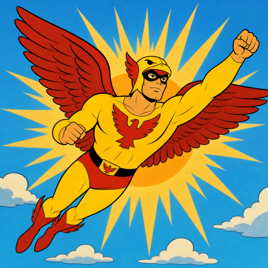 Birdman in flight, wings spread, yellow and red costume, fist raised before a sunburst