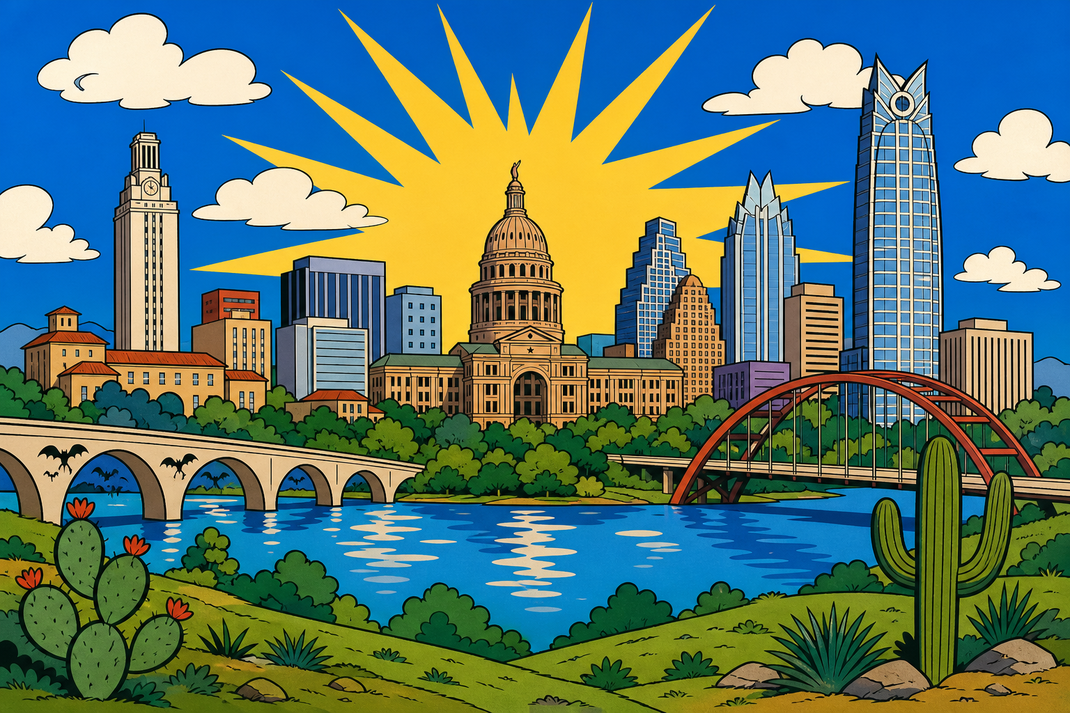 Austin, Texas skyline drawn in 1960s Hanna-Barbera cartoon style — Capitol dome, UT Tower, Frost Bank Tower and bridges under a giant golden sunburst